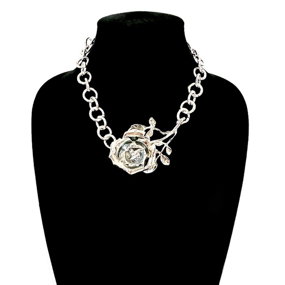 BOLD ROSE | Dramatic Sculpted Silver Rose Choker Necklace | NWOT - Picture 4 of 12